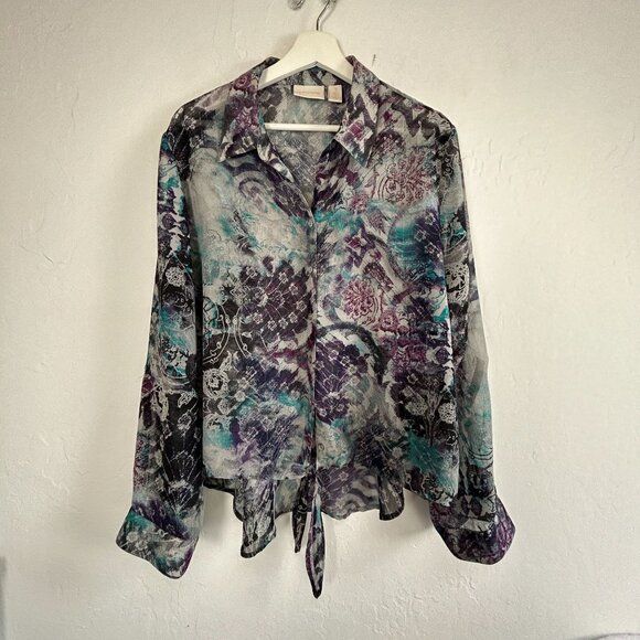 Chico's Semi Sheer Metallic Abstract Floral Tie Front Button Up Blouse Size 3 - Picture 1 of 8